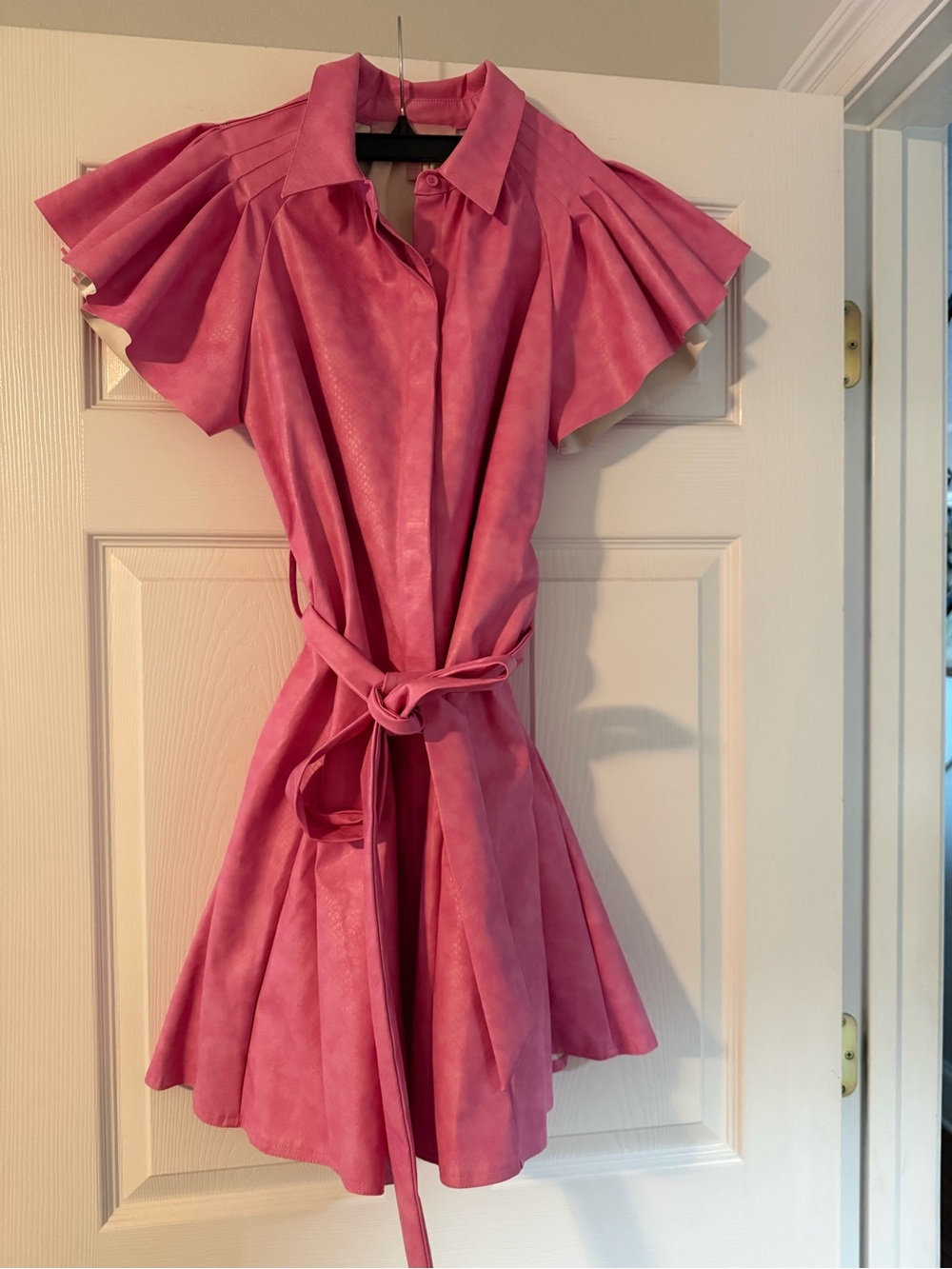 Feminine Pink Belted Mini Dress with Pleated Cap Sleeves